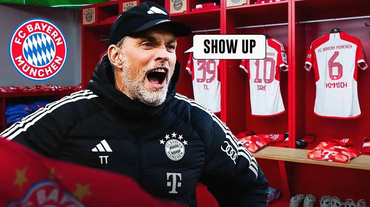 Thomas Tuchel saying: ‘show up’ in the dressing room, the Bayern Munich logo on the wall