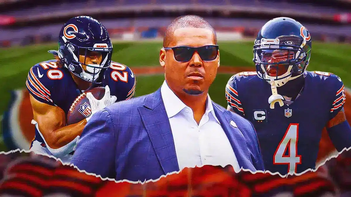 Chicago Bears GM Ryan Poles in middle of image, safety Eddie Jackson on image right, RB Travis Homer on image left.