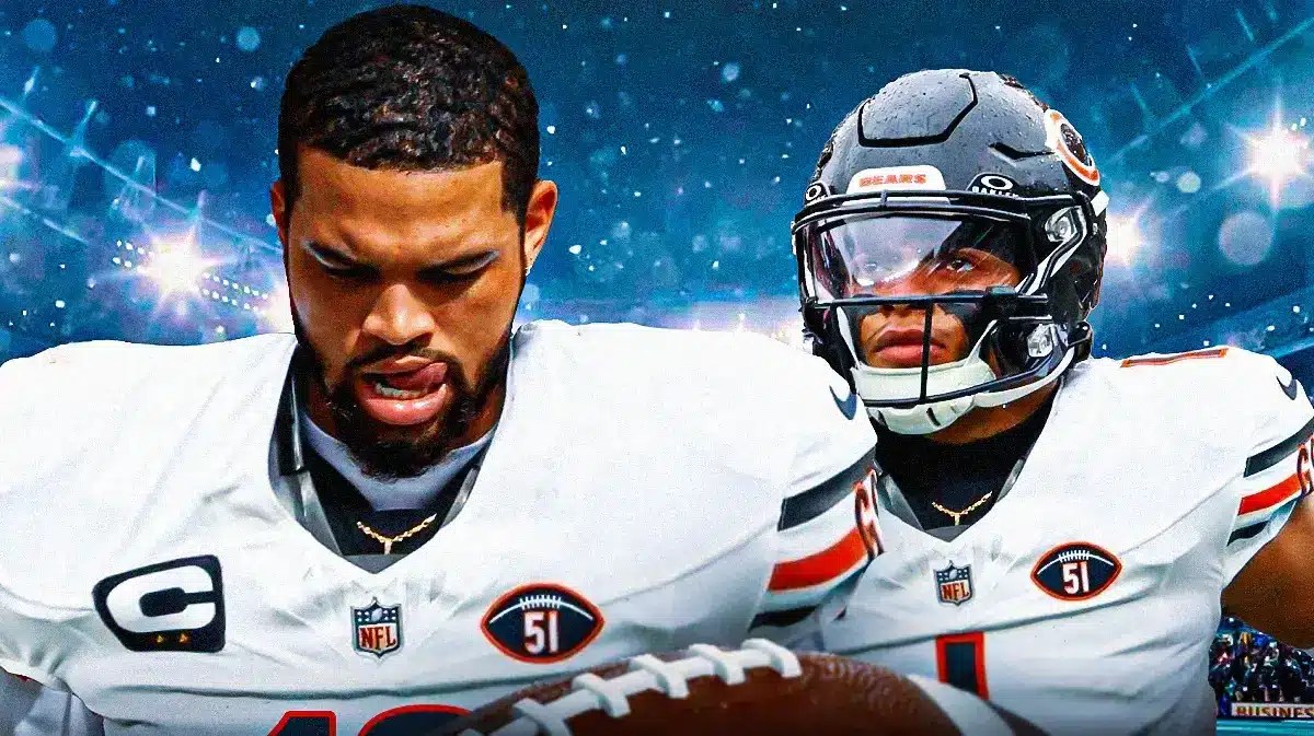 NFL draft prospect USC QB Caleb Williams in a Bears jersey next to Bears QB Justin Fields.