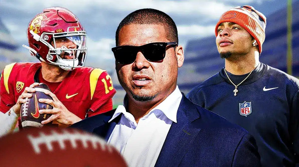 Bears GM Ryan Poles in front. USC football’s Caleb Williams on left, Bears QB Justin Fields on right.