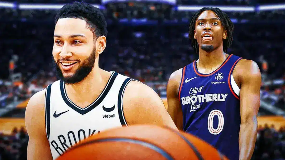Photo: Ben Simmons in Nets uniform with Tyrese Maxey in 76ers uniform, both smiling