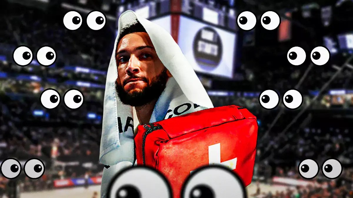 Ben Simmons with an injury kit in front of him and a bunch of the big eyes emojis in the background
