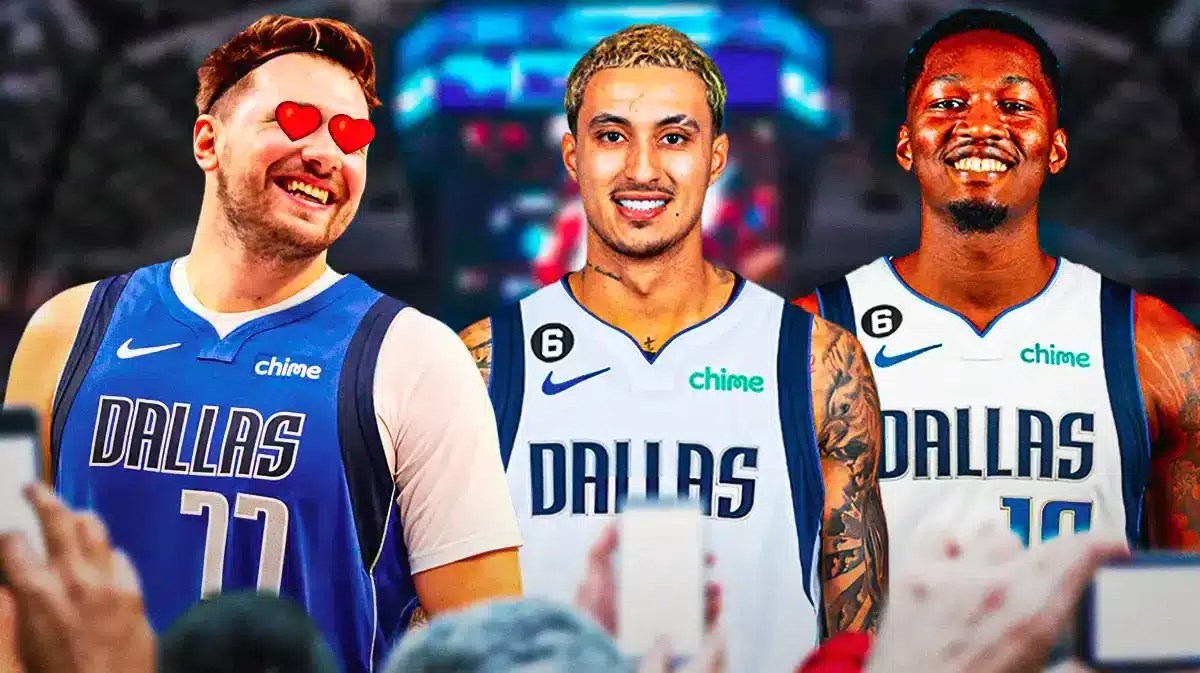 Image: Luka Doncic with heart eyes, Kyle Kuzma in a Mavericks jersey, Dorian-Finney Smith in a Mavericks jersey