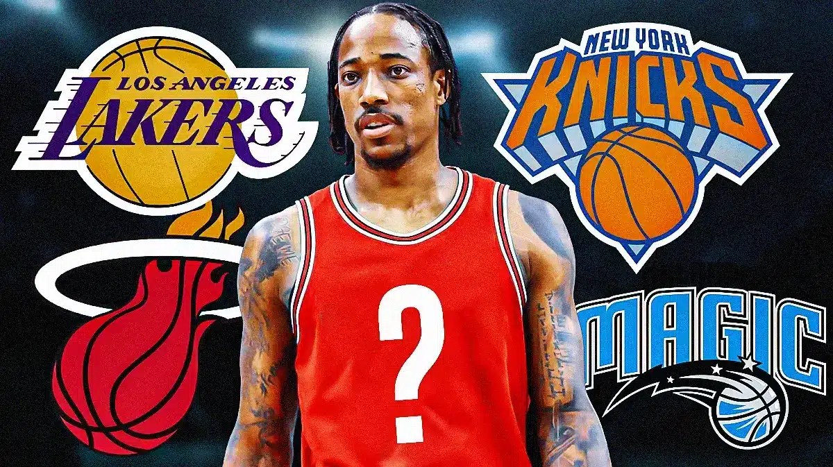 Bulls' DeMar DeRozan in a blank jersey with a question mark on it surrounded by logos of the Knicks, Magic, Heat, Lakers