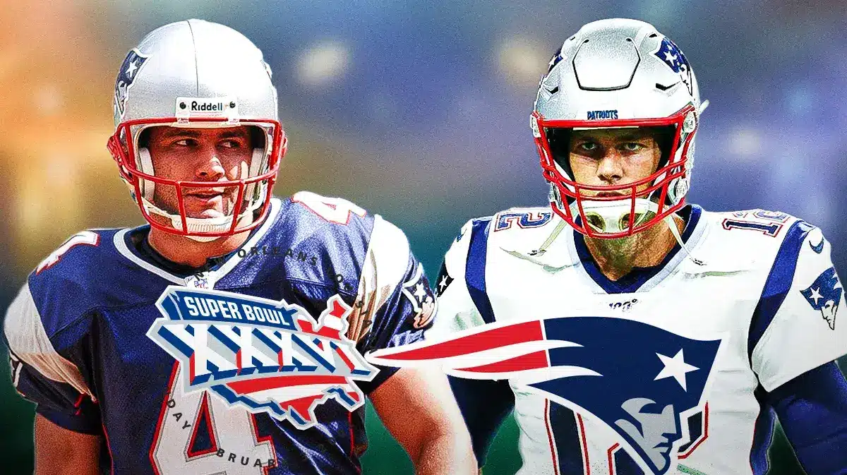 Tom Brady and Adam Vinatieri with Patriots logo and Super Bowl XXXVI logos in front.
