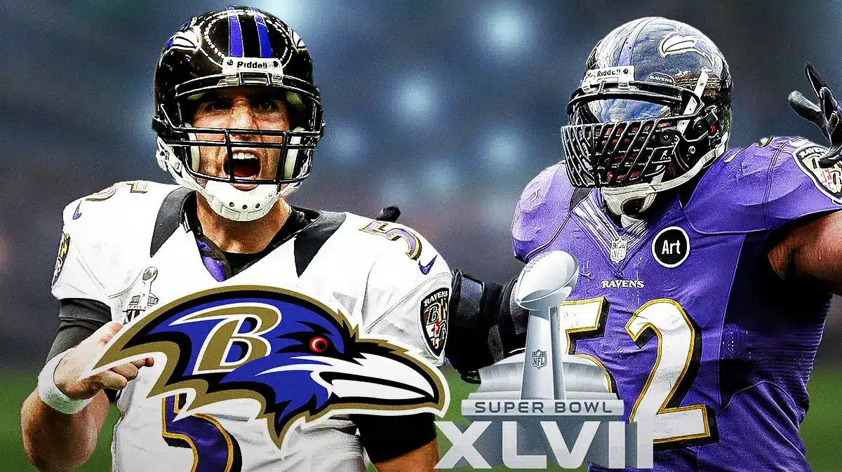 Ray Lewis and Joe Flacco with Ravens logo and Super Bowl XLVII logos in front