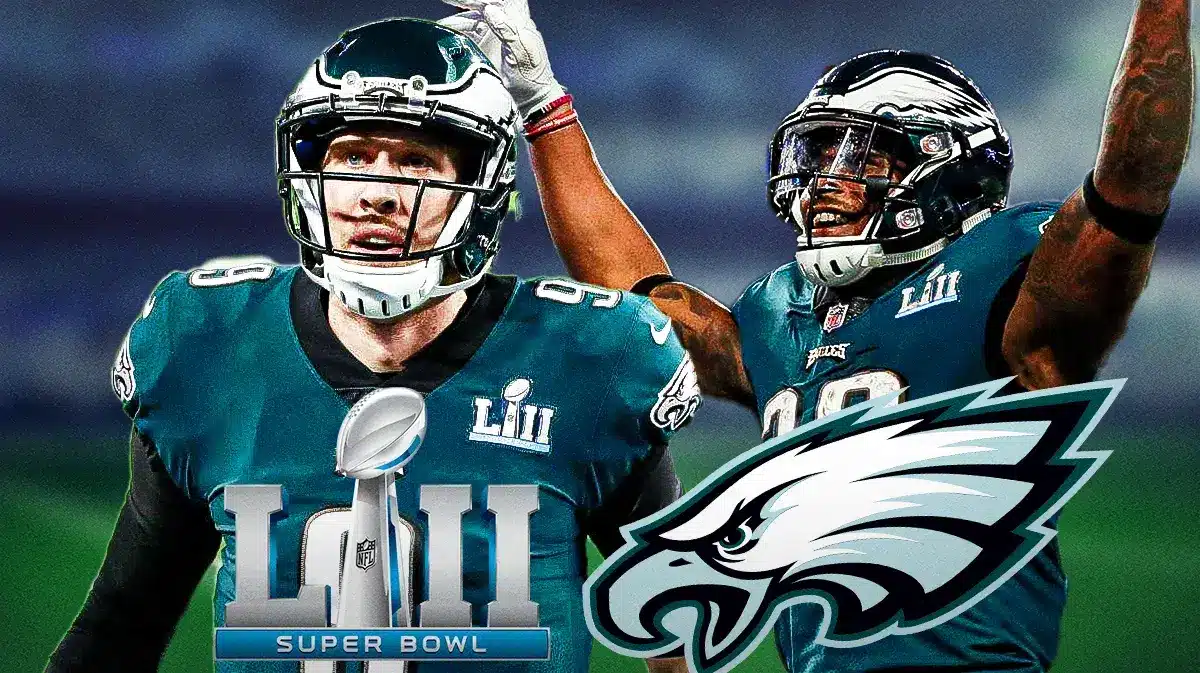 Nick Foles and Corey Clement with Eagles logo and Super Bowl LII logo