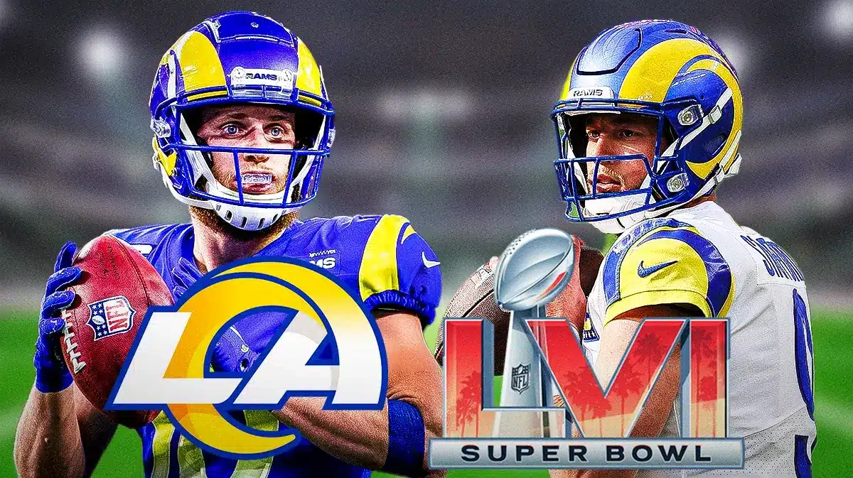 Matthew Stafford and Cooper Kupp Super Bowl LVI and Rams logo