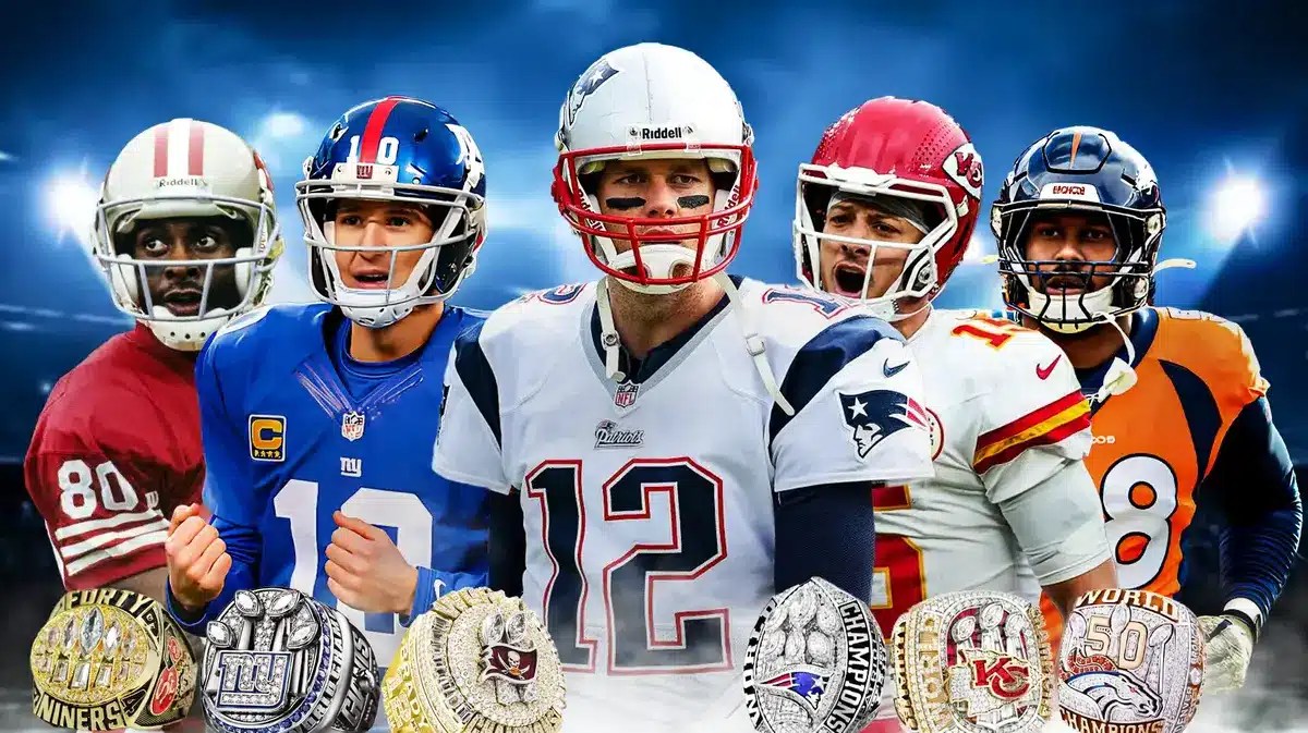 Tom Brady (Patriots), Jerry Rice (49ers), Patrick Mahomes (Chiefs), Eli Manning (Giants), Von Miller (Broncos) all together. All around the graphic are a bunch of Super Bowl rings.