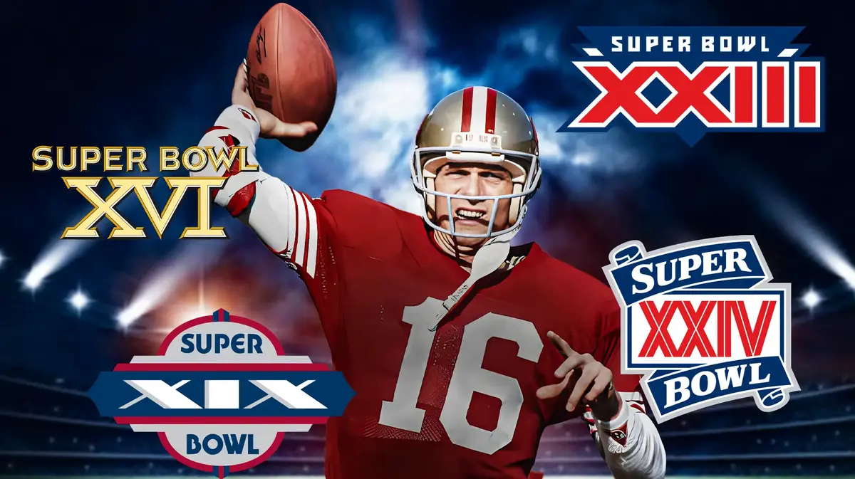 Joe Montana with his Super Bowl logos around him