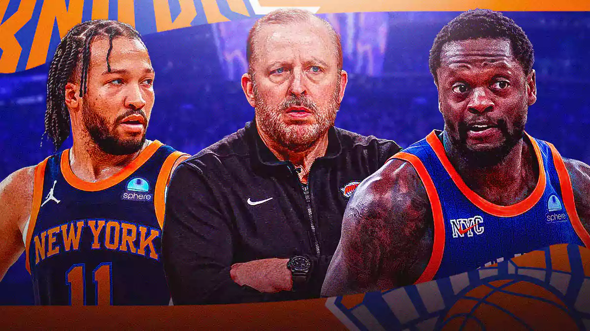Jalen Brunson, Julius Randle and Tom Thibodeau with the Knicks arena in the background, NBA trade deadline