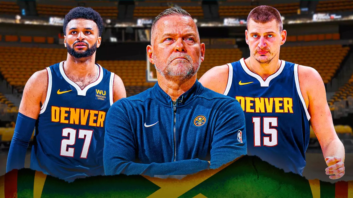 Jamal Murray, Nikola Jokic and Michael Malone with the Nuggets arena in the background, NBA Trade Deadline