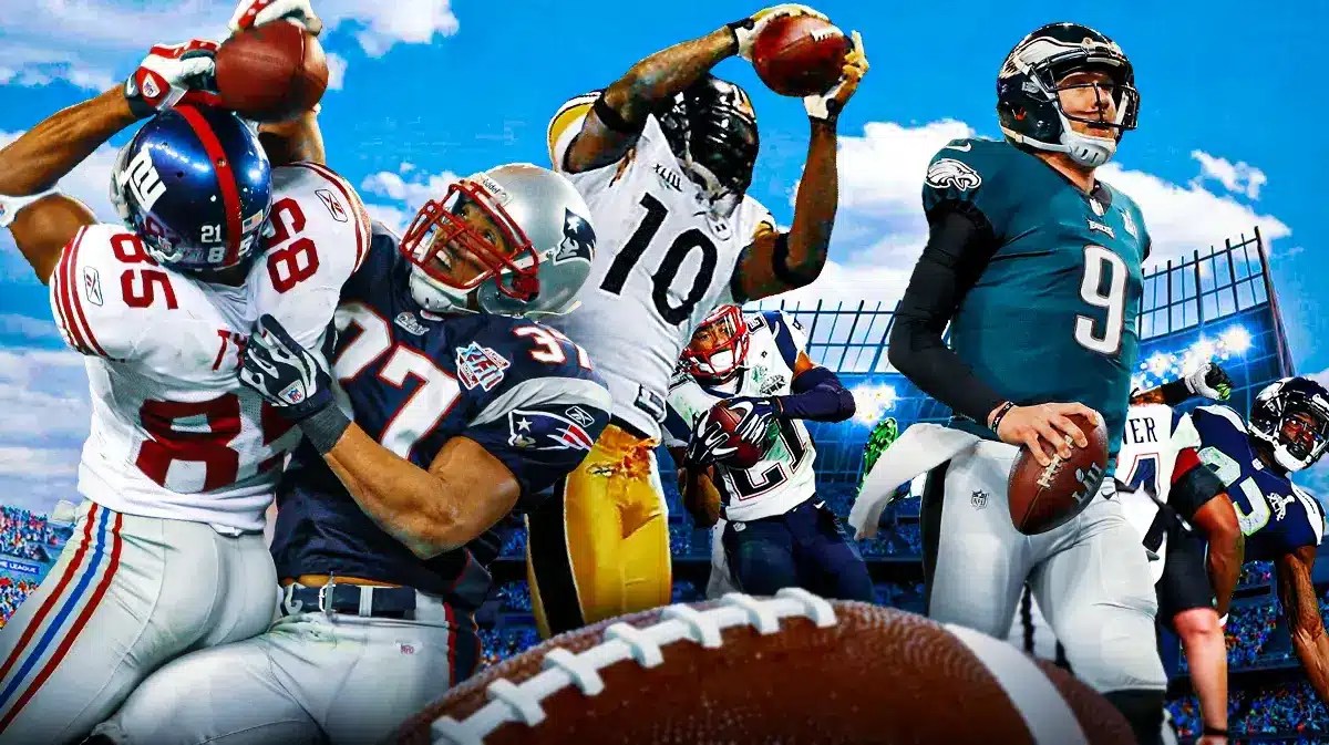 The following players together making their iconic Super Bowl plays. David Tyree doing the helmet catch. Nick Foles catching the Philly Special. Santonio Holmes doing the toe-drag catch. Malcolm Butler intercepting the ball on the goalline against the Seahawks