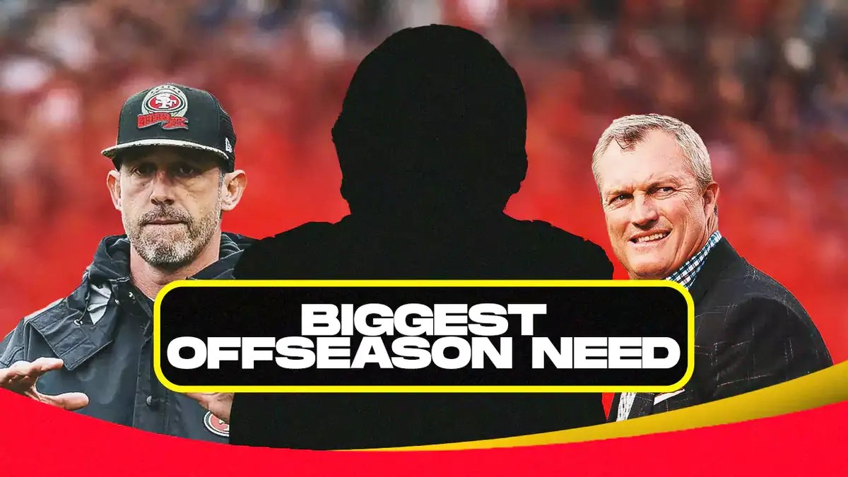 Mystery player in the middle, Coach Kyle Shanahan and GM John Lynch around him, and San Francisco 49ers wallpaper in the background.