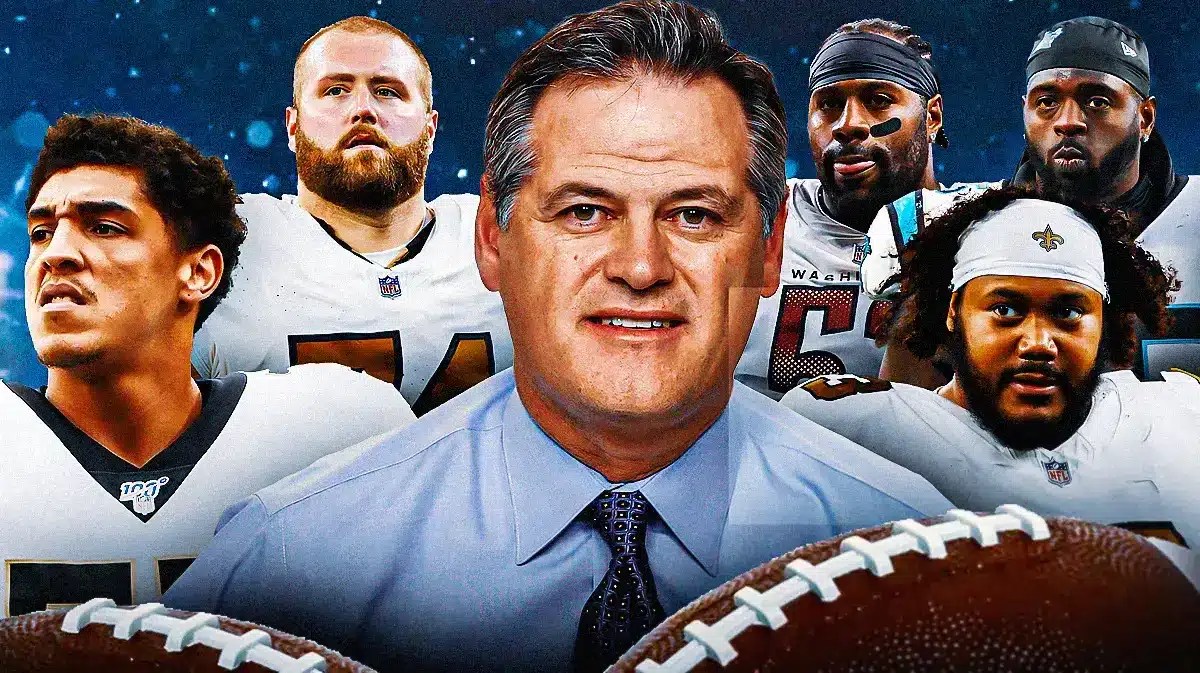 Mickey Loomis thinking hard, Andrus Peat, James Hurst, Trai Turner, Cam Erving, Max Garcia all looking on. Saints 2024 offseason