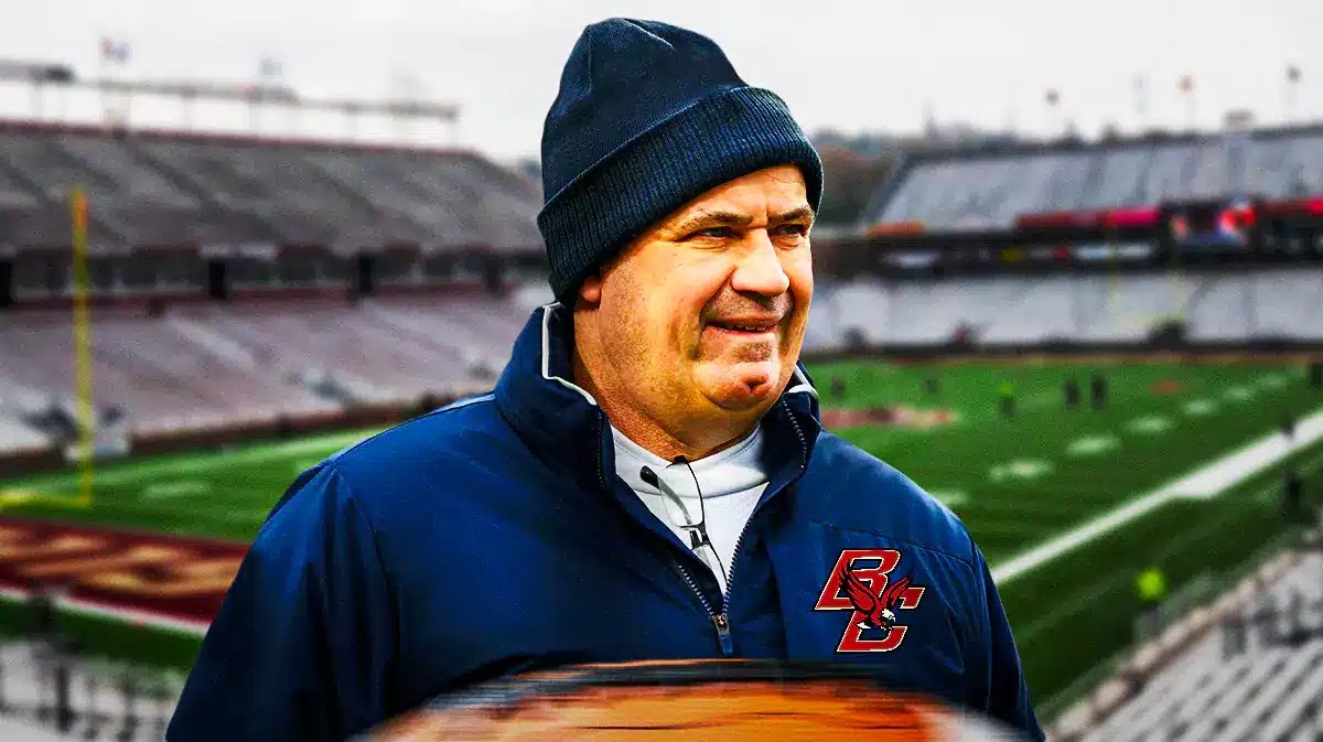 Boston College football, Golden Eagles, Bill O'Brien, Bill O'Brien Boston College, Bill O'Brien press conference, Bill O’Brien in Boston College gear with Boston College football stadium in the background