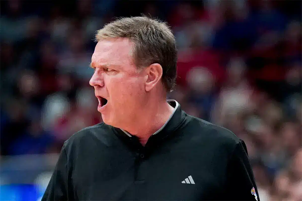 Kansas Jayhawks head coach Bill Self reacts to play against the Brigham Young Cougars during the first half at Allen Fieldhouse.