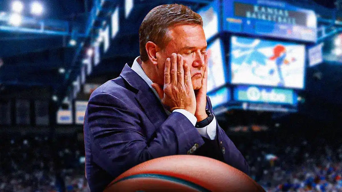 Kansas basketball, Kansas State basketball, Jayhawks, Wildcats, Bill Self, Bill Self looking upset with Kansas basketball arena in the background