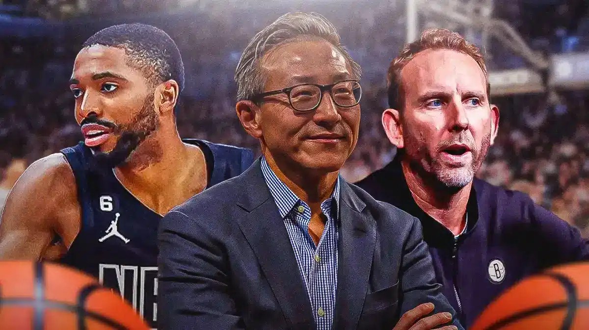 Photo: Money falling around Joseph Tsai, Sean Marks, Mikal Bridges in Nets jersey
