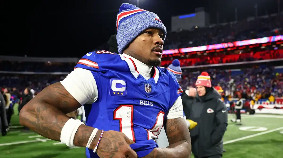 Buffalo Bills wide receiver Stefon Diggs (14) reacts after the game against the Kansas City Chiefs 2024 AFC divisional round game at Highmark Stadium.