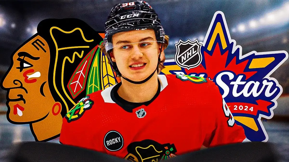 Connor Bedard in middle of image looking happy, CHI Blackhawks logo on one side and 2024 NHL All-Star logo on other side, hockey rink in background