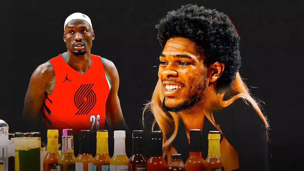 Blazers' Scoot Henderson in the Sydney Sweeney Hot Ones meme while looking at Duop Reath