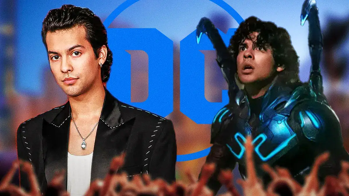 Xolo Maridueña and him as Blue Beetle with DCU logo.