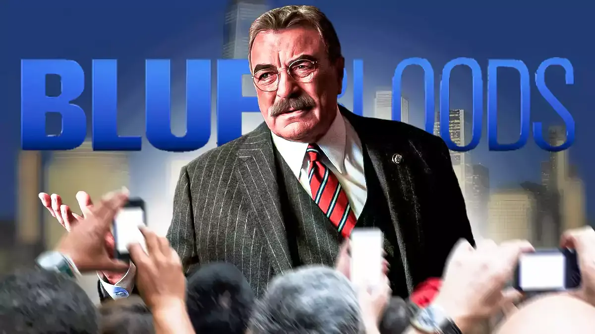 Tom Selleck with Blue Bloods logo and NYC background.