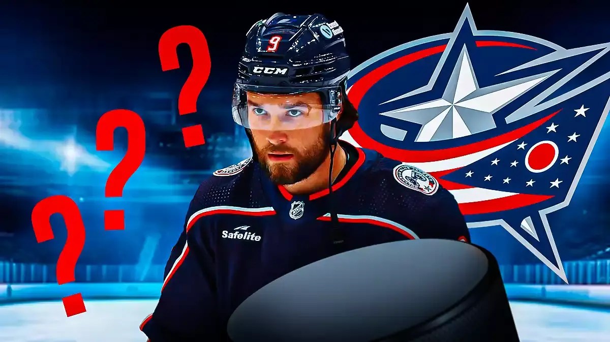 Ivan Provorov in middle of image looking stern, Columbus Blue Jackets logo, 3-5 question marks, hockey rink in background