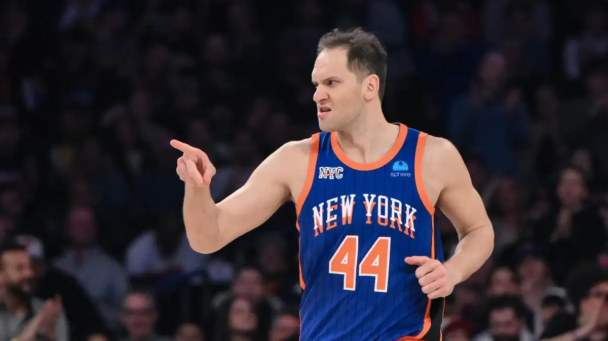 New York Knicks forward Bojan Bogdanovic (44) reacts during the first quarter against the Indiana Pacers at Madison Square Garden.