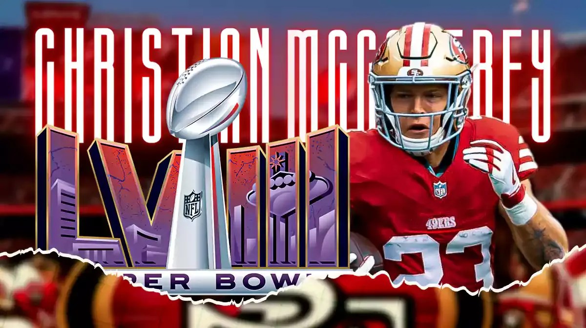 Christian McCaffrey with Super Bowl 58 logo
