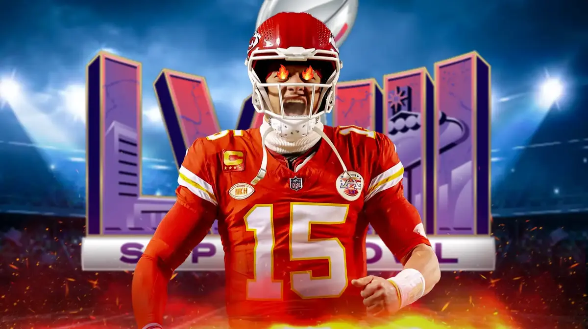 Chiefs' Patrick Mahomes with fire in his eyes and the Super Bowl 58 logo in the background