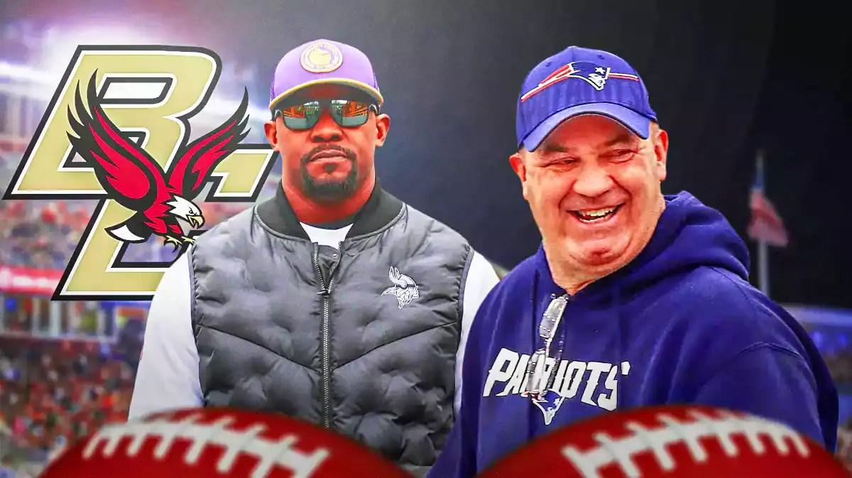 Bill O'Brien and Brian Flores looking at Boston College logo.
