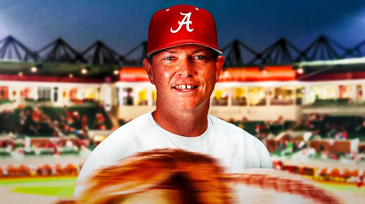 Alabama baseball, Crimson Tide, Brad Bohannon, Brad Bohannon Alabama, Brad Bohannon betting, Brad Bohanon with Alabama baseball stadium in the background