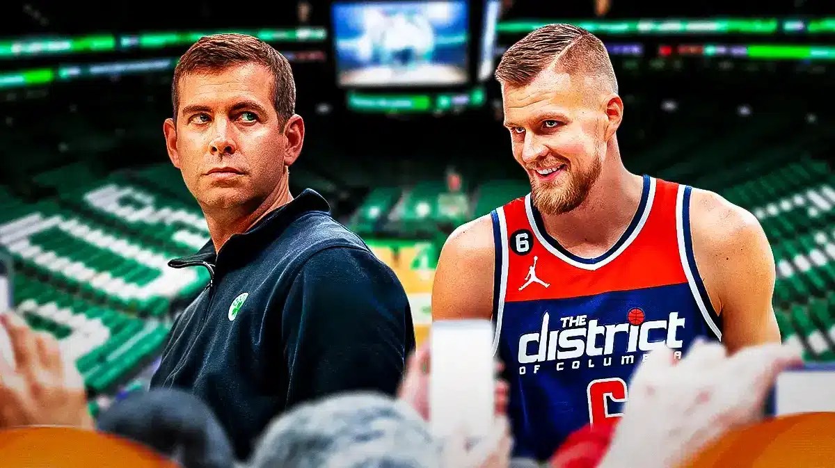 Celtics' Brad Stevens looking at Kristaps Porzingis in a Wizards jersey.