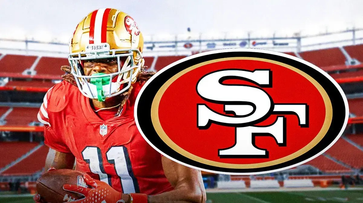 Brandon Aiyuk stands in front of San Francisco 49ers logo after Chiefs-Super Bowl loss