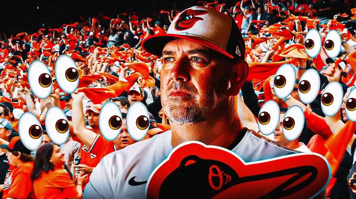 Brandon Hyde on one side with a speech bubble that says “We don’t care!” a bunch of Baltimore Orioles fans on the other side with the big eyes emoji over their faces