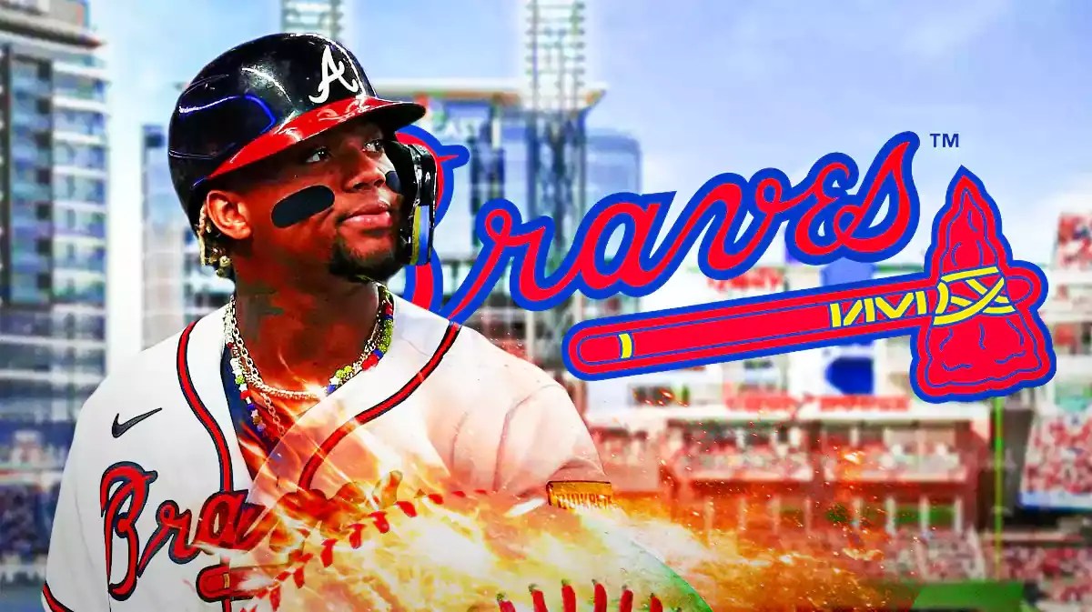 Braves' Ronald Acuna Jr. smiling next to the Atlanta Braves' logo.