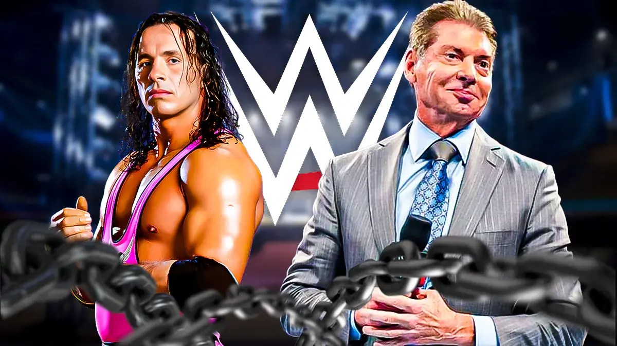 Bret Hart next to Vince McMahon with the WWE logo as the background.