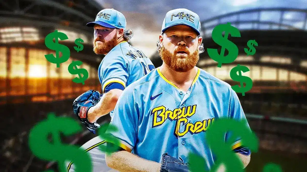 Brewers' Brandon Woodruff, American Family Field behind him, dollar signs next to him