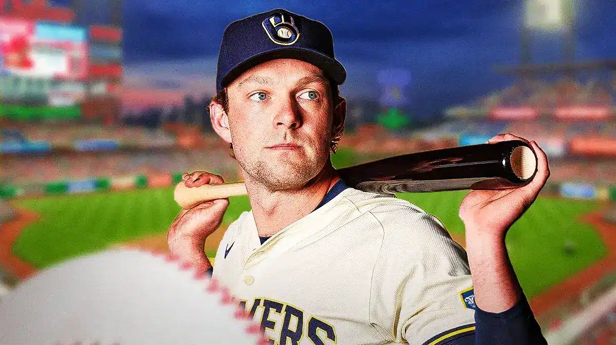 Rhys Hoskins in a Brewers uniform, Citizens Bank Park in background