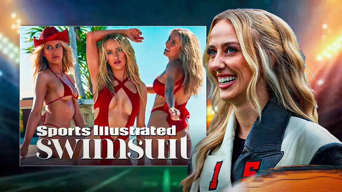 Brittany Mahomes smiling next to the Sports Illustrated Swimsuit edition.