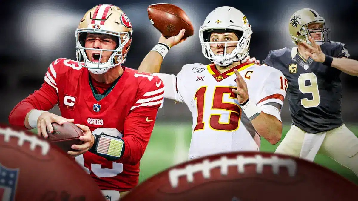 Photo: Brock Purdy in action in 49ers jersey, another pic of him in action in Iowa State jersey, then throw Drew Brees in the background