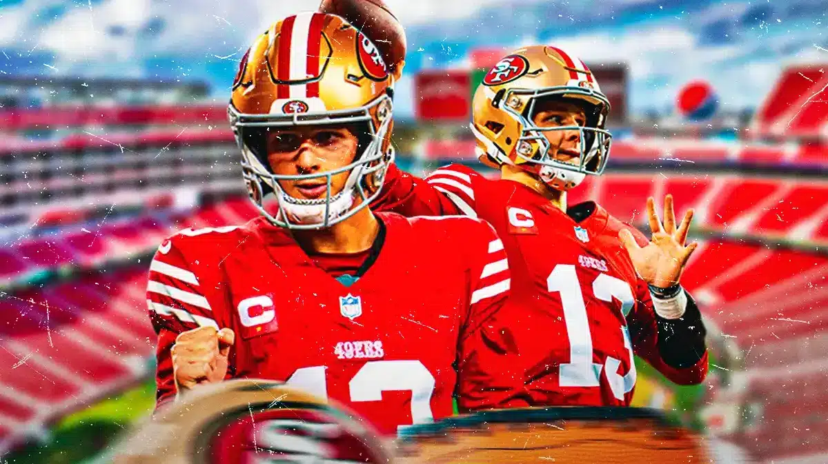 49ers' Brock Purdy in front looking serious. In background, 49ers' Brock Purdy throwing a football.