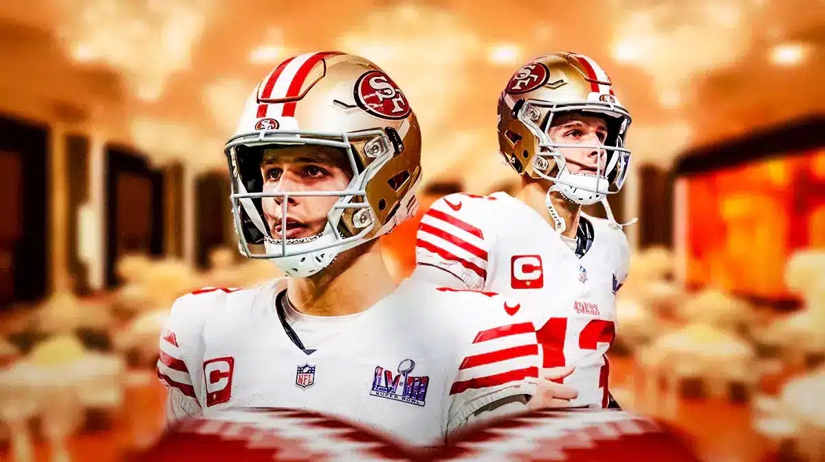NFL quarterback Brock Purdy in San Francisco 49ers uniform inside a wedding hall