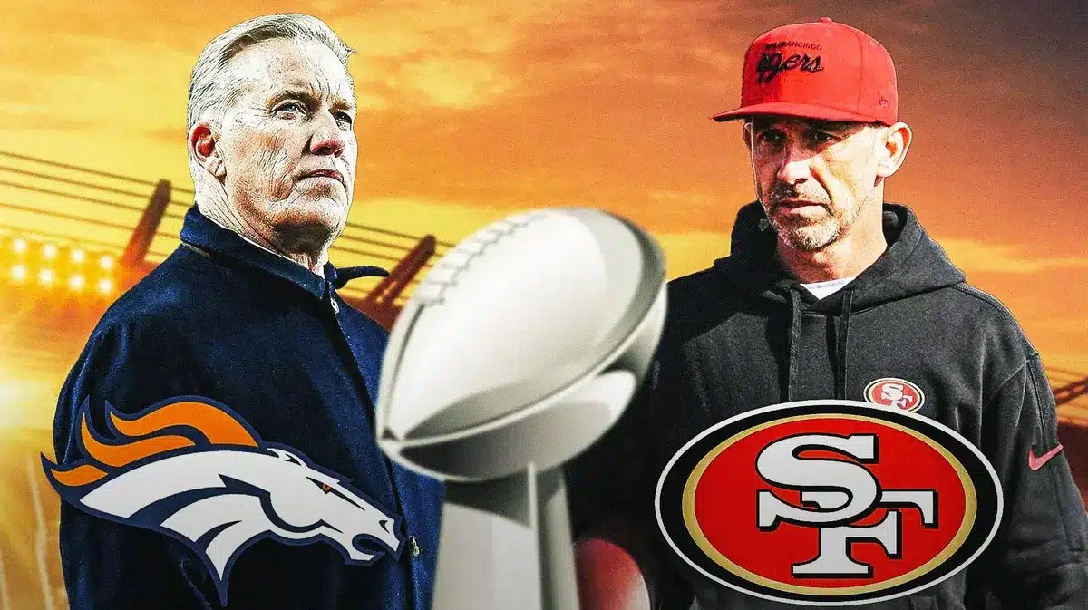 John Elway (not in a football uniform) on one side of the graphic and Kyle Shanahan on the opposite side of the graphic. Between them have the Lombardi trophy. Perhaps add small snippets of the Broncos and 49ers logos below each guy.