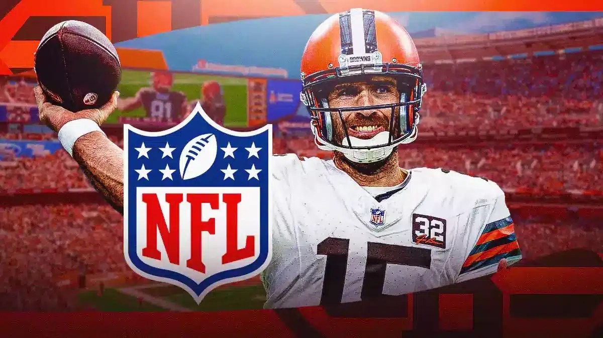 Cleveland Browns' Joe Flacco stands next to NFL logo amid his Comeback Player of the Year award