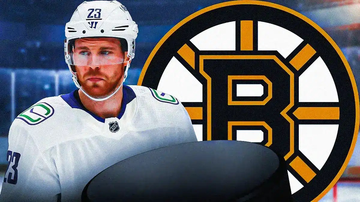 Elias Lindholm in middle of image looking stern, BOS Bruins logo, 3-5 question marks, hockey rink in background