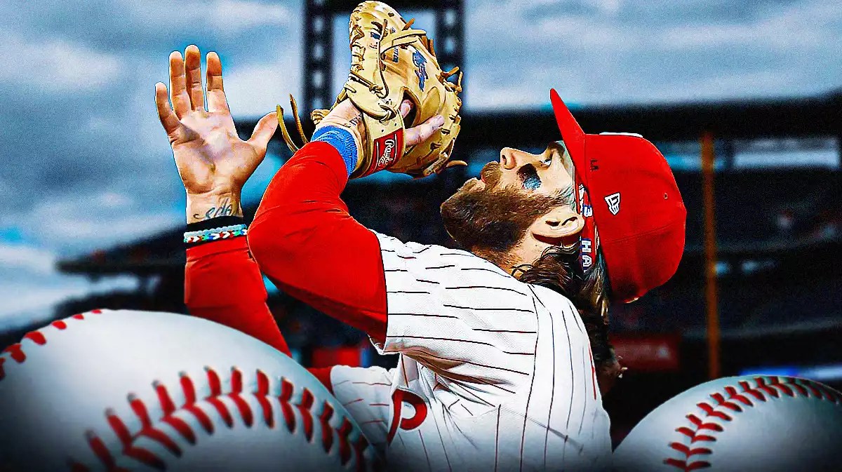 Phillies first baseman Bryce Harper making a catch.
