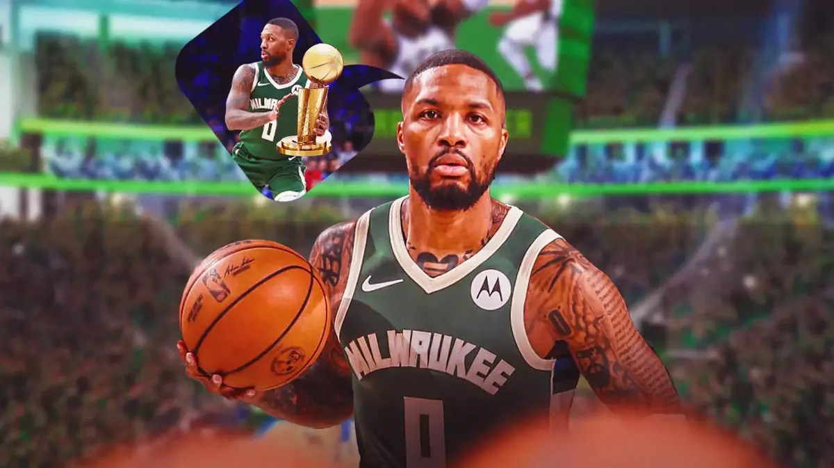 Bucks' Damian Lillard looking serious, with a thought bubble containing an image of him holding the Larry O’Brien trophy